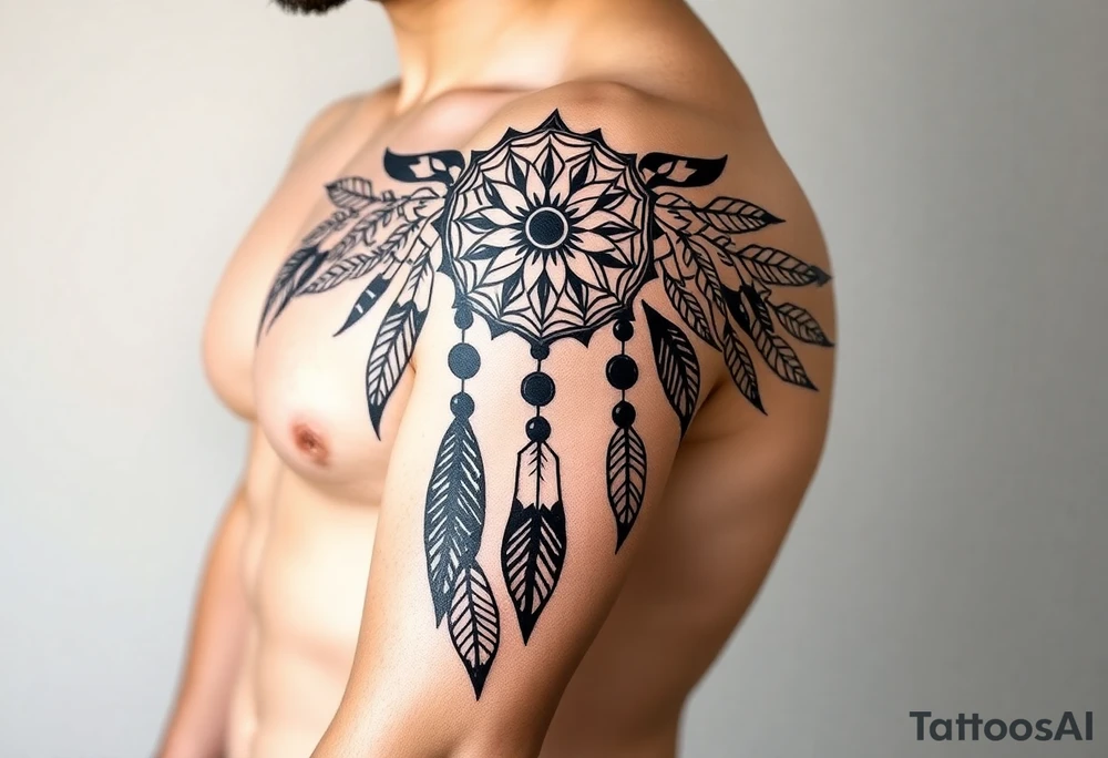 native dreamcatcher with flowing feathers and sacred beads tattoo idea