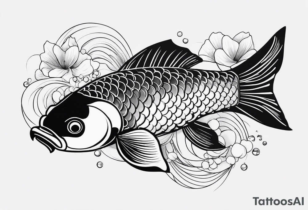 koi fish, little narrow body, elongated fins, trimmed with pearls, ginkgo leaves, minimalism desing, sketch technic, gradient lines theme tattoo idea