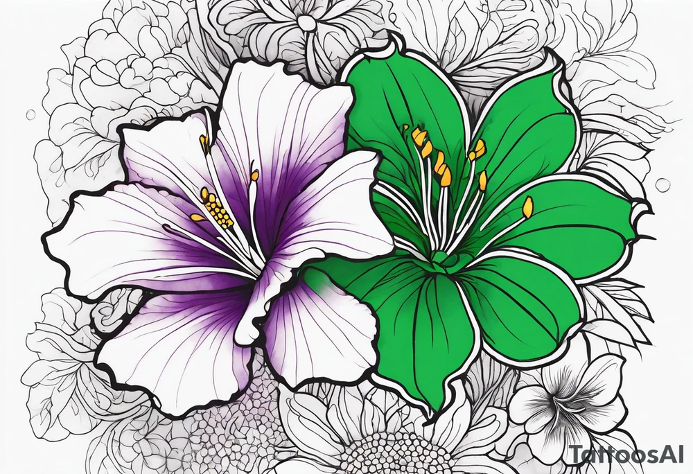 A mystical outline of a rio dipladenia flower and a green/purple watercolor splash in the background tattoo idea