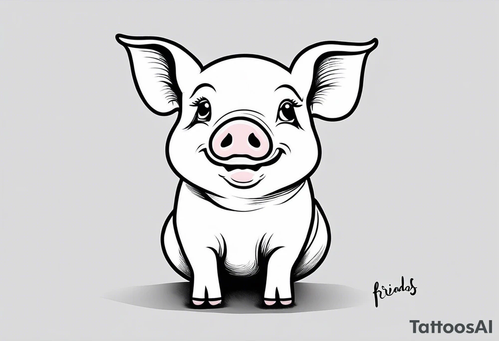 cute pig or piglet.
with text: "friends not food"
only very thin lines. no shading. black and white only tattoo idea