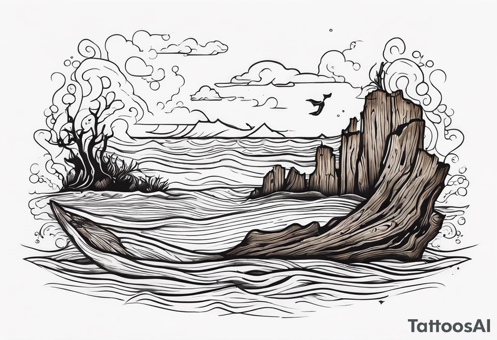 piece of driftwood underwater with duke written in the wood tattoo idea