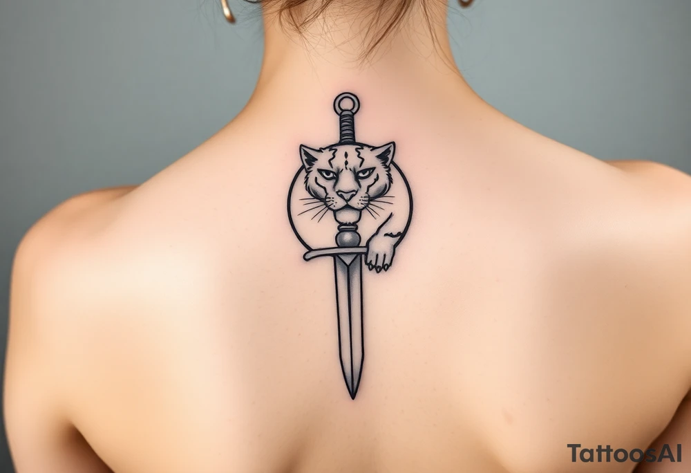 mystical panther around an ancient dagger with jeweled hilt tattoo idea