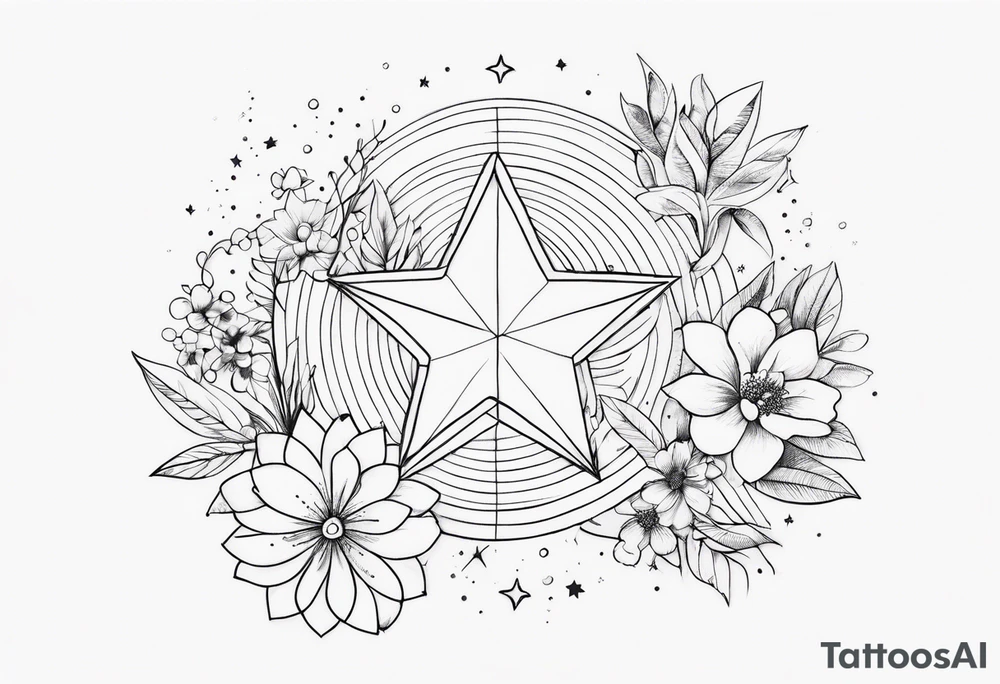 fine line with stars, floral, dots tattoo idea