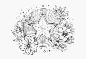 fine line with stars, floral, dots tattoo idea