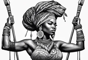 African woman warrior holding spear with deadlocks and earrings. tattoo idea