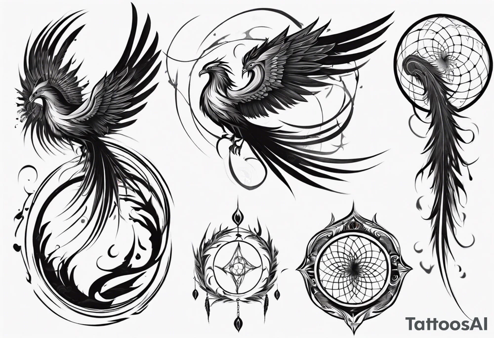 Vertical angry flying Phoenix with wings blending into circles and a long abstract dream catcher feather tail tattoo idea