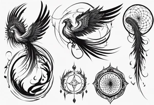 Vertical angry flying Phoenix with wings blending into circles and a long abstract dream catcher feather tail tattoo idea