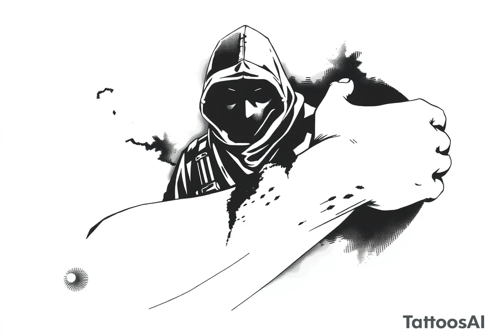 Minimalist covert operative symbolism representing loyalty and survival, faceless soldier silhouette emerging from darkness, torn fabric, subtle scars, controlled posture, black and grey realism, emotional restraint, understated strength, tattoo sleeve element. tattoo idea