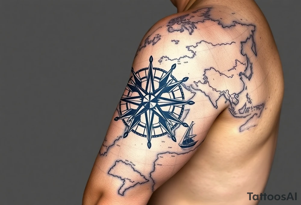 antique compass rose overlaid on weathered world map with sailing ships tattoo idea