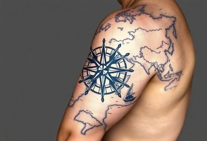 antique compass rose overlaid on weathered world map with sailing ships tattoo idea