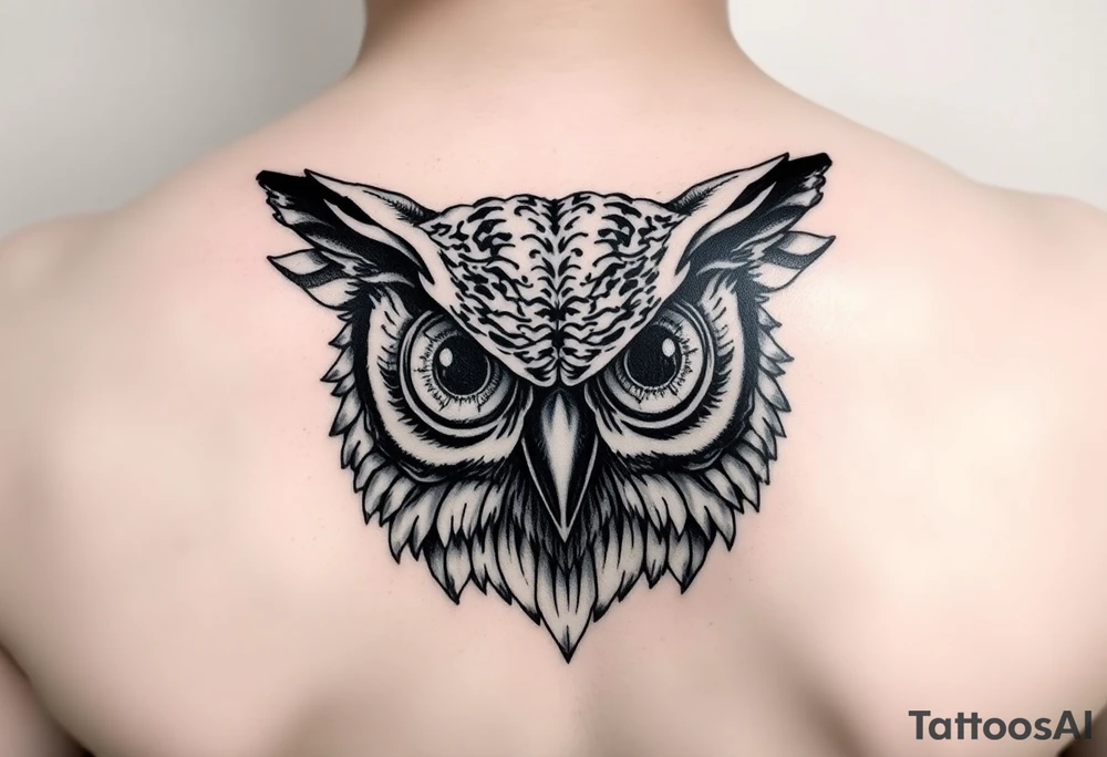 Owl head with large intense tripping on acid eyes tattoo idea
