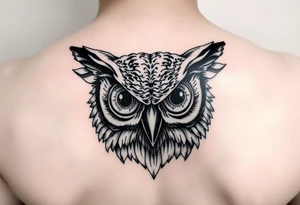 Owl head with large intense tripping on acid eyes tattoo idea