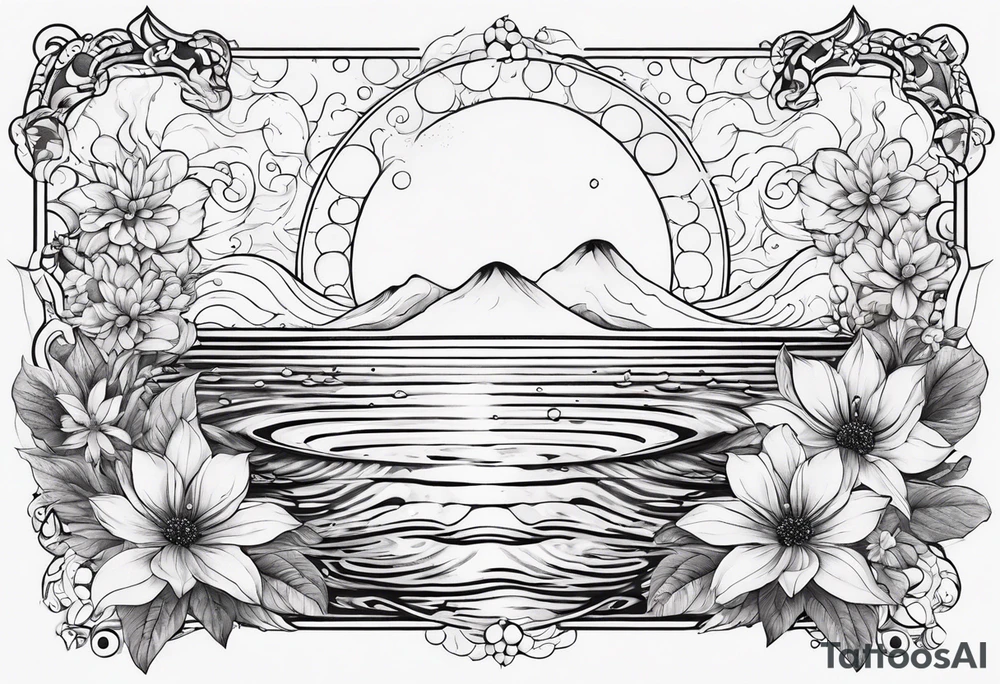 Water element, with half a sun, some flowers and water dots tattoo idea