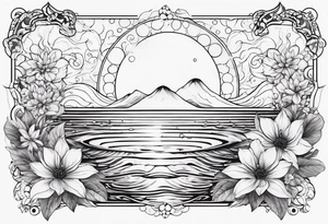 Water element, with half a sun, some flowers and water dots tattoo idea