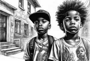 three black school age brothers close in age ahead down a street together full bodies and the side of ones face is visible tattoo idea