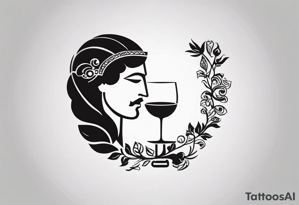 "Craft a minimalist tattoo design in the style of ancient Greek art, featuring Dionysus with his affection for theater. Depict Dionysus in a simplified yet elegant form, reminiscent of classical Greek sculpture, holding a theatrical mask and a goblet of wine. Surround him with subtle geometric patterns or motifs inspired by ancient Greek pottery, such as meanders or key patterns. Ensure the design maintains a minimalist aesthetic while incorporating elements that evoke the sophistication and timelessness of Greek art, capturing Dionysus's connection to both wine and theater in a visually striking manner." tattoo idea