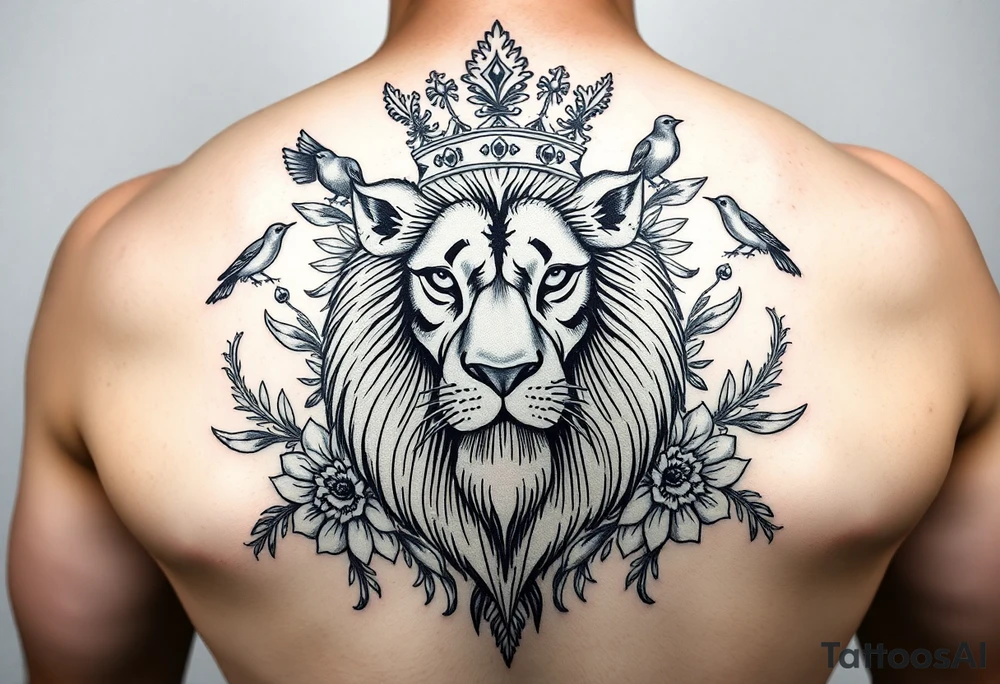 powerful majestic lion with a crown, surrounded by floral ornaments and birds tattoo idea