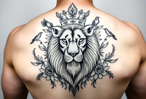 powerful majestic lion with a crown, surrounded by floral ornaments and birds tattoo idea