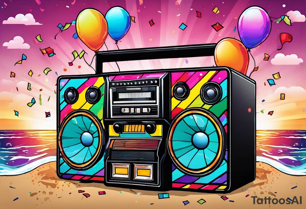 1980's style big boom box mith confetti, balloons and music notes against miami vice style beach background, include sexy party goers tattoo idea
