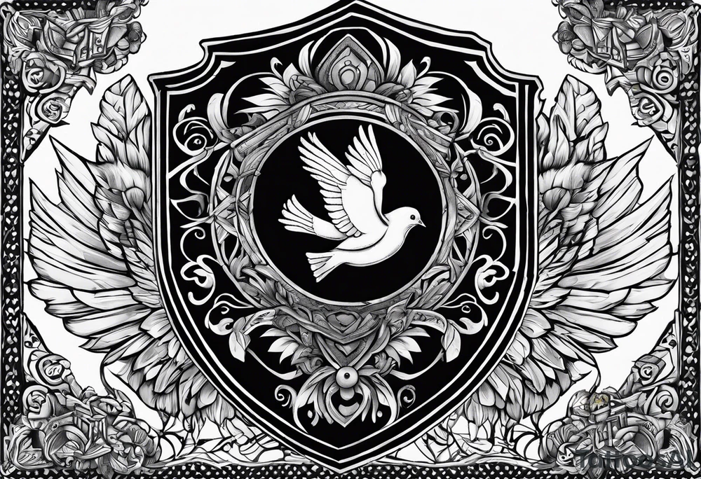 the name 'cassius rafiki mckenzie' written on a shield with a small dove and a bigger dove next to it tattoo idea