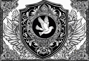 the name 'cassius rafiki mckenzie' written on a shield with a small dove and a bigger dove next to it tattoo idea