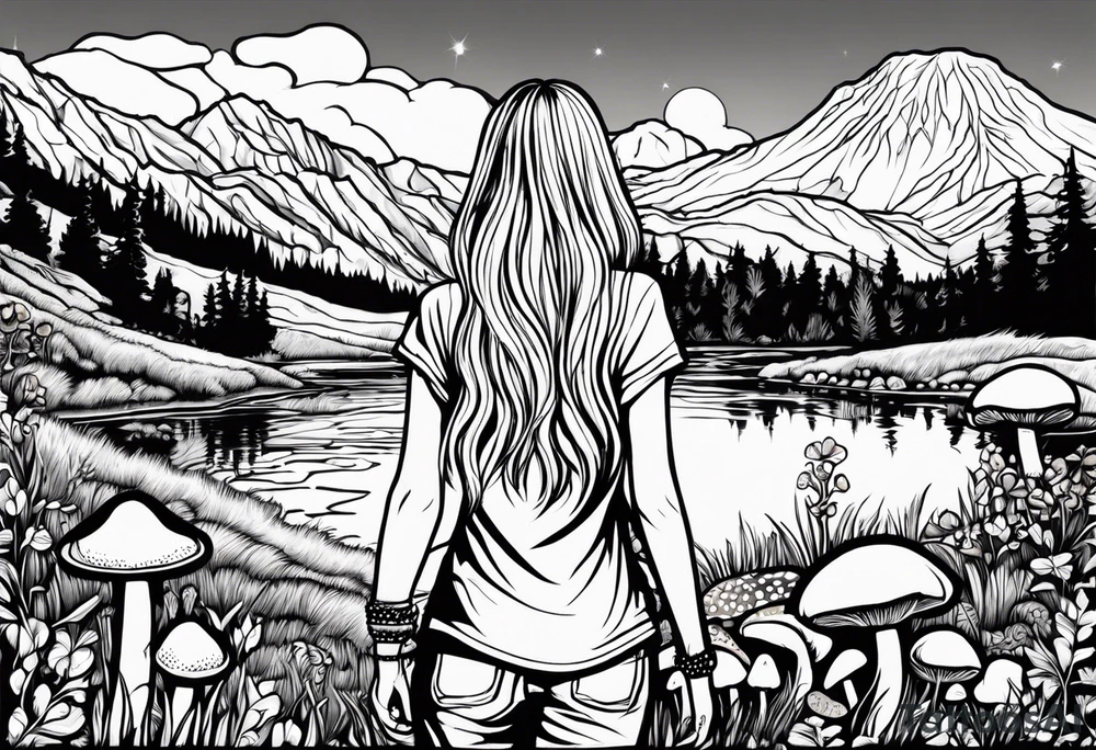 Straight long blonde hair hippie girl in distance holding mushrooms in hand facing away toward mountains and creek surrounded by mushrooms tee shirt and hiking pants tattoo idea