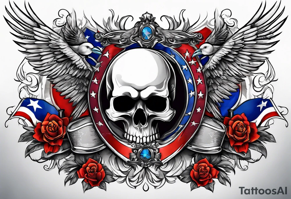patriotic banner with skulls and birds tattoo idea