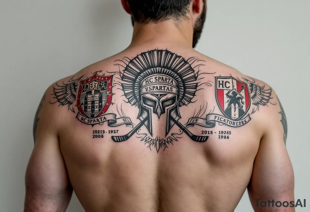 A full back tattoo of HC Sparta’s historic victories with dates, crests, and a red-and-silver color scheme. tattoo idea