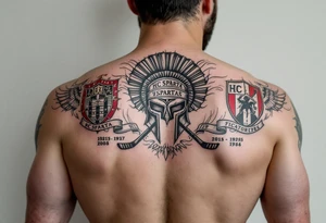 A full back tattoo of HC Sparta’s historic victories with dates, crests, and a red-and-silver color scheme. tattoo idea