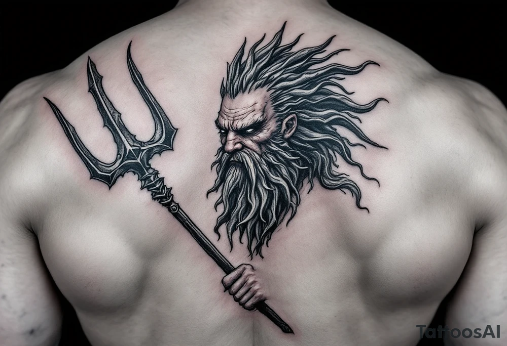 mid aged poseidon with huge trident tattoo idea