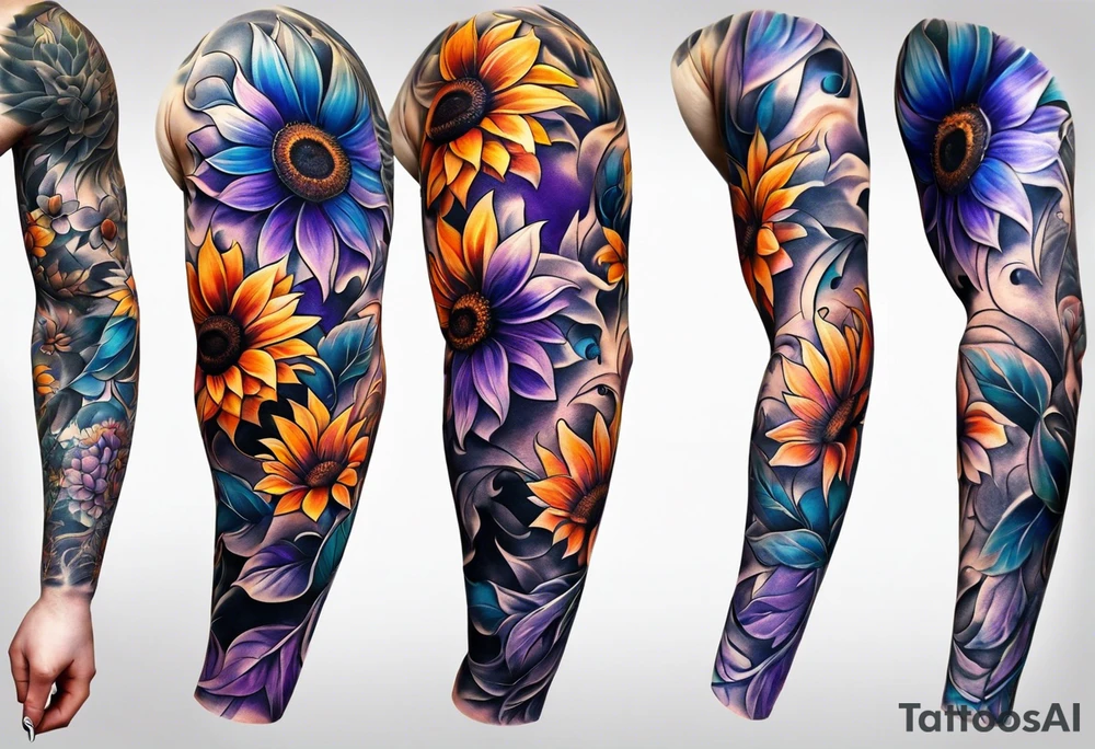 Full arm sleeve with purple, orange and blue sunflowers tattoo idea
