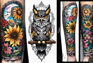 A lower forearm sleeve full colour mandala flowers, and owl, bees, pinecone, lady bugs. Moon sunflower honey suckle lighthouse tattoo idea