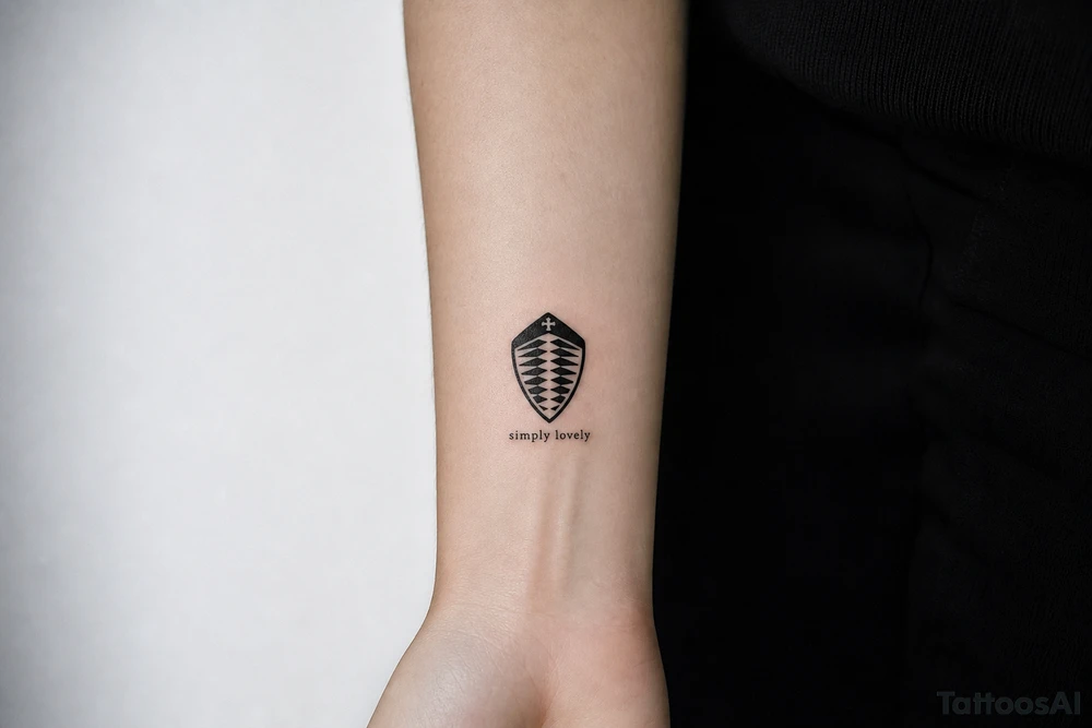 Koenigsegg ghost logo and below written "simply lovely" tattoo idea