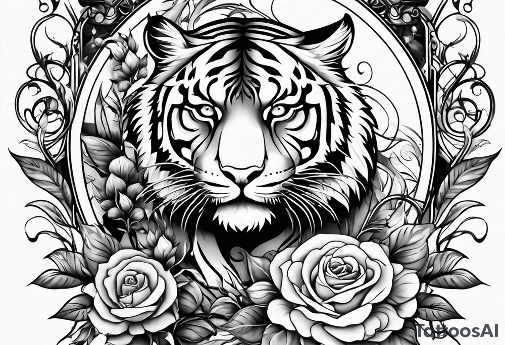 Clock and tiger with roses and vines on forearm tattoo idea