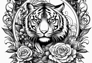 Clock and tiger with roses and vines on forearm tattoo idea