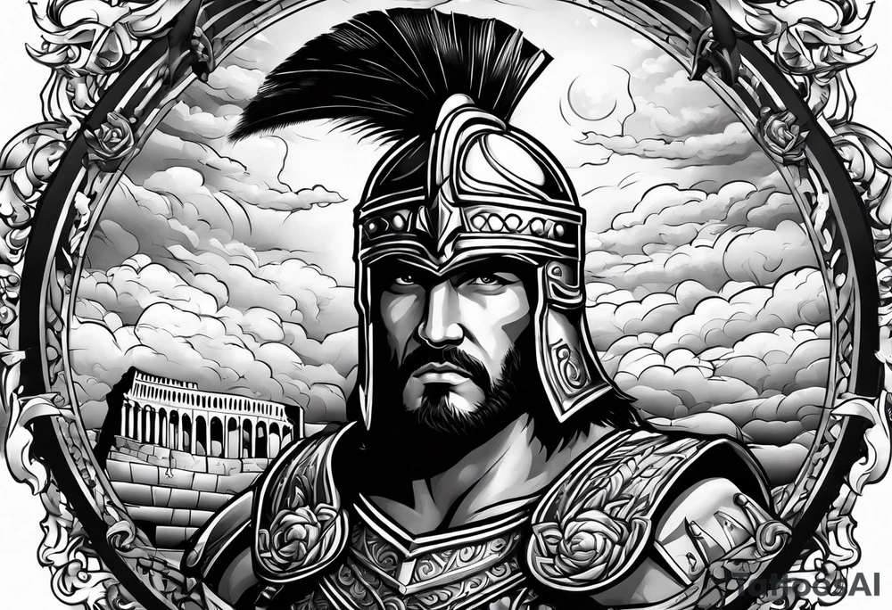 gladiator behind coloseum behind clouds and lightning tattoo idea
