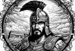 gladiator behind coloseum behind clouds and lightning tattoo idea