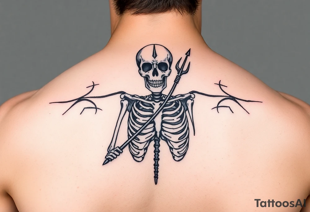 realistic skeleton with trident tattoo idea