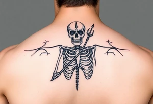 realistic skeleton with trident tattoo idea