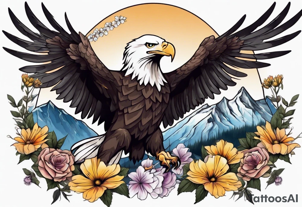 bald eagle with wings spread with mountain flowers in the background tattoo idea
