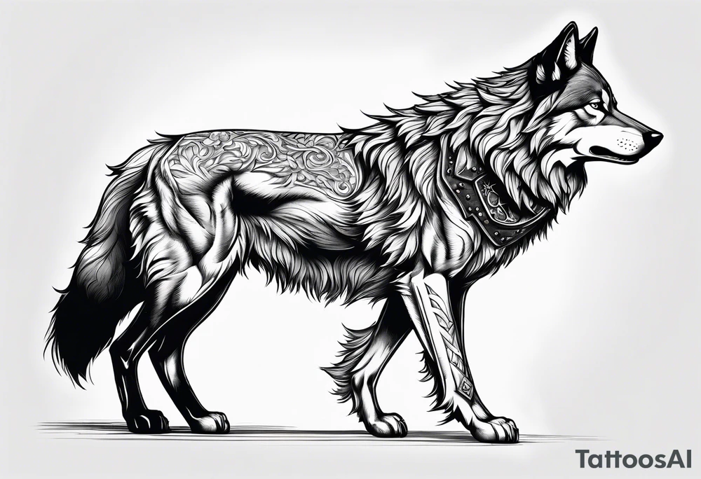 realistic style fenrir wolf in profile, include in it's forehead a diamon shape of hair (and some kind of armor) tattoo idea