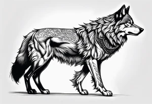 realistic style fenrir wolf in profile, include in it's forehead a diamon shape of hair (and some kind of armor) tattoo idea