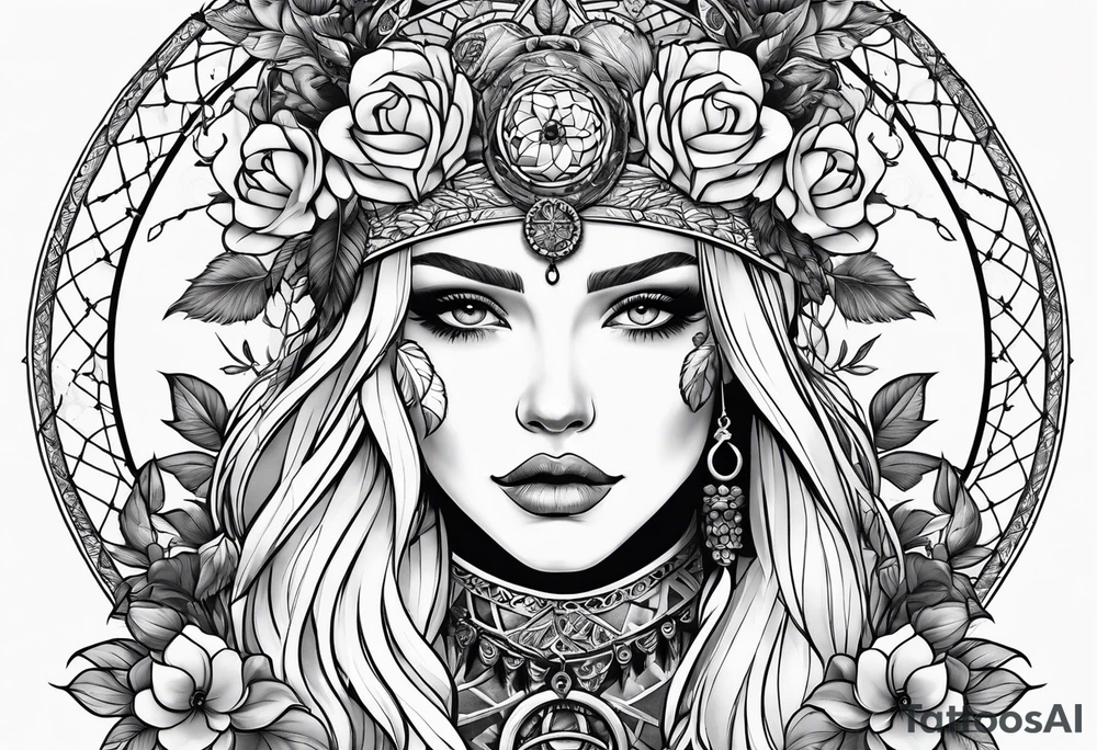 Viking girl, flowers, dream catcher, tattoo idea