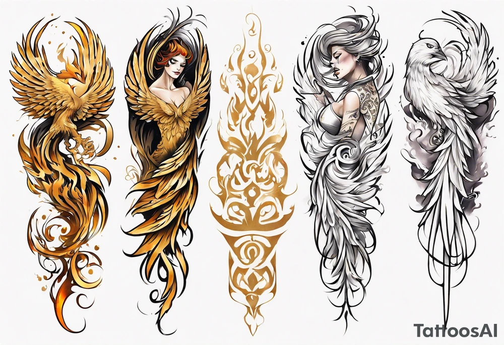Sleeve tattoo on a woman's arm. Gold Phoenix tattoo idea
