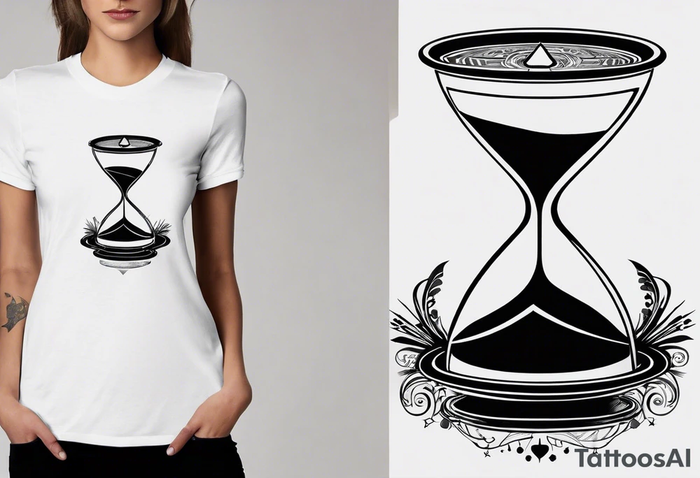 I want a tattoo-inspired design for a t-shirt that features a bold and detailed hourglass with a hand clock in the center, using Amazigh numerals for the clock numbers. The hourglass should have a strong, shaded look, with sharp lines resembling tattoo art. Planets and stars should orbit around the hourglass, giving it a cosmic and timeless feel. The design should be intricate, focusing on the flow of time and the universe, with the planets adding depth and movement. The overall aesthetic should be bold and detailed, in a blackwork tattoo style, without any flowers."black and whit design tattoo idea