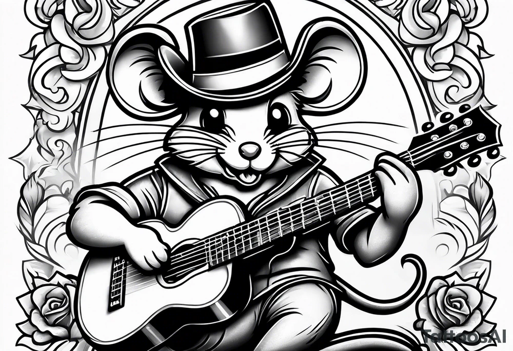 cartoon mouse playing guitar 
 american traditional tattoo idea