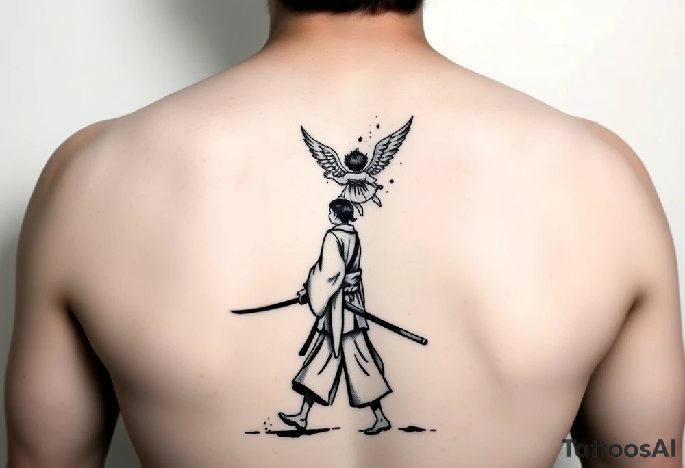"Blackwork tattoo sketch of a lone samurai walking forward, shown in dramatic silhouette style. The samurai wears traditional kimono and hakama, holding a katana in one hand with the blade pointing downward. Behind him floats a small child angel with detailed feathered wings, gently touching the samurai’s back with one hand, as if stopping or guiding him. Strong contrast, dynamic ink splatter, rough brush strokes, Japanese sumi-e vibe, emotional and symbolic composition, high detail linework, no background." tattoo idea