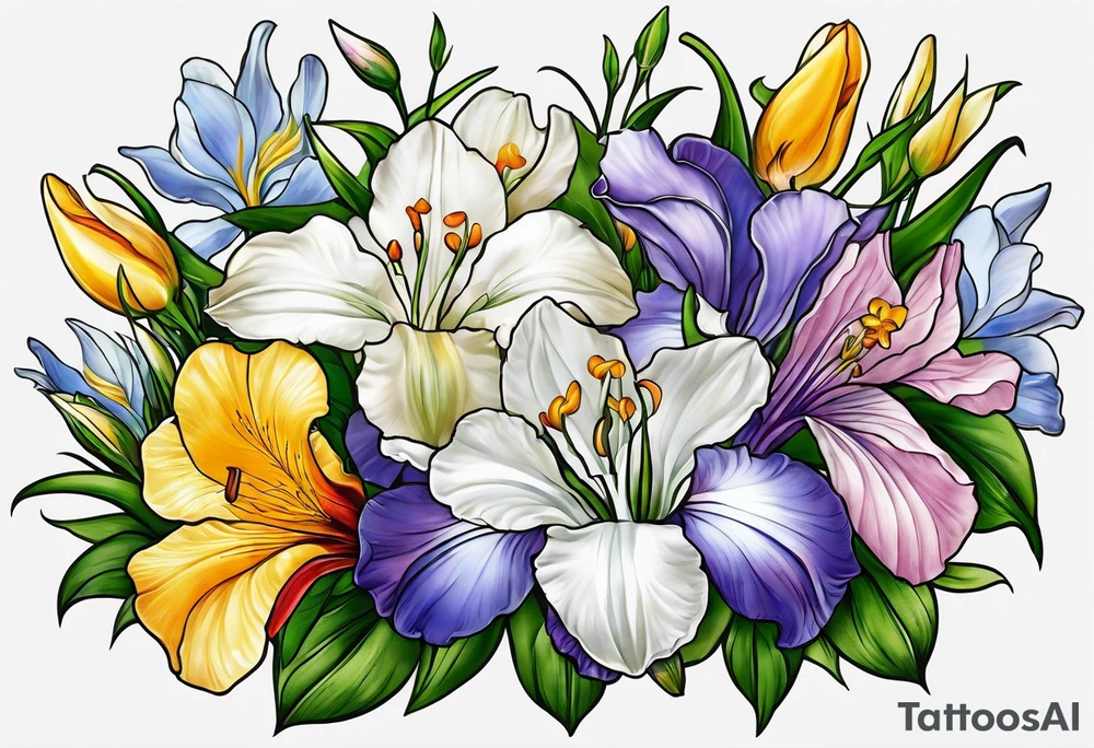 i want a bouquet of flowers that include a snowdrop, iris, cherry blossom, daisy and morning glory tattoo idea
