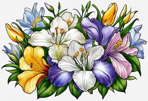 i want a bouquet of flowers that include a snowdrop, iris, cherry blossom, daisy and morning glory tattoo idea