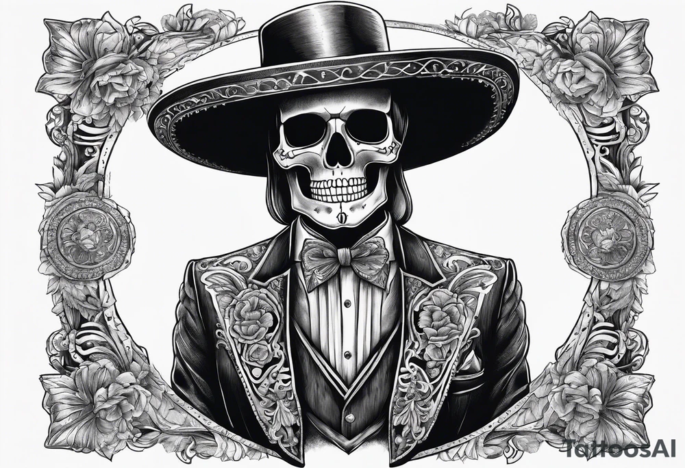 full body of skeleton in the suit with hat in mexican style, similar to santa muerte tattoo idea